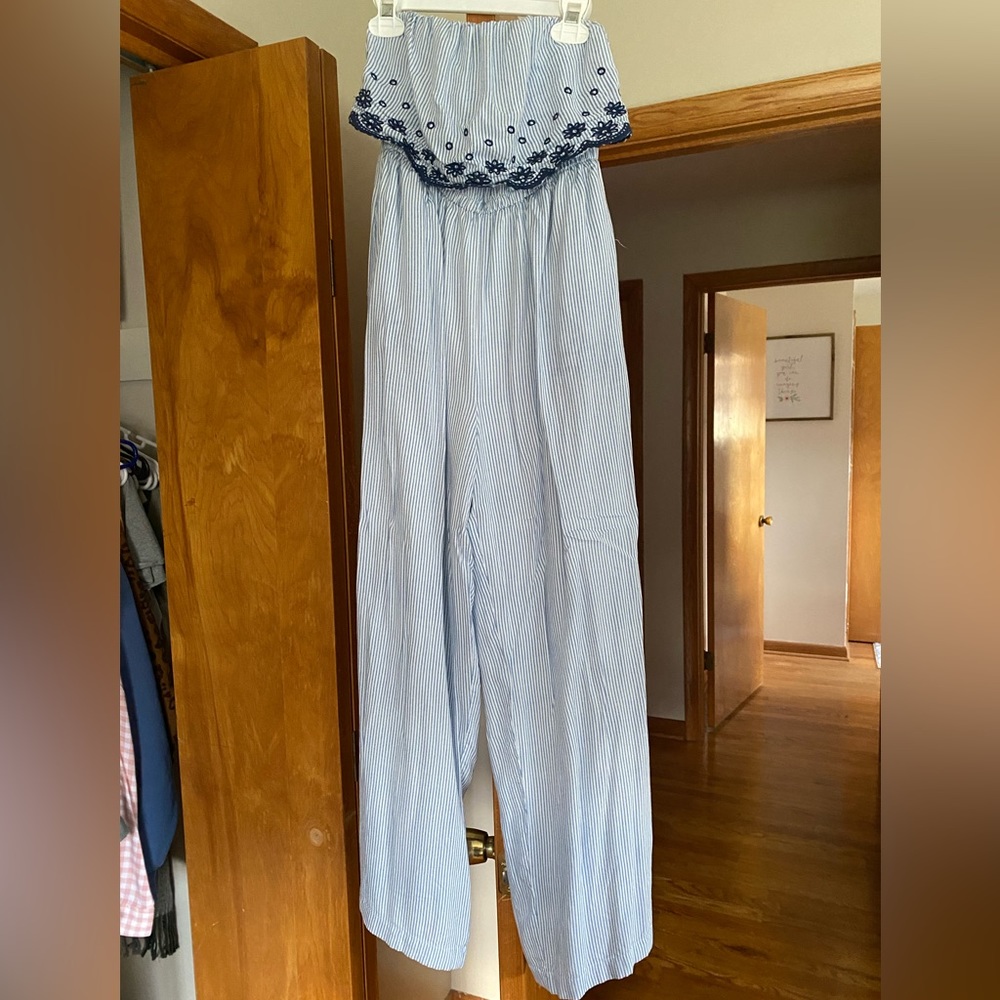 Blue and white stripped strapless jumpsuit/romper